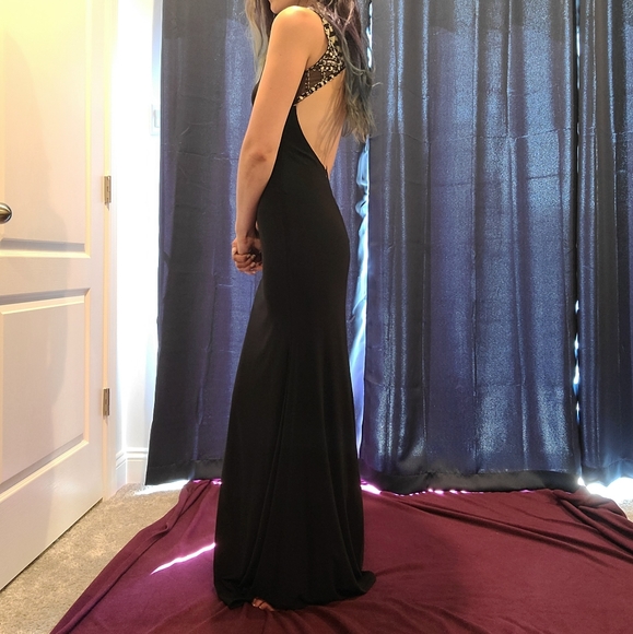 Black gown with geometric stone and mesh neck - Picture 3 of 6